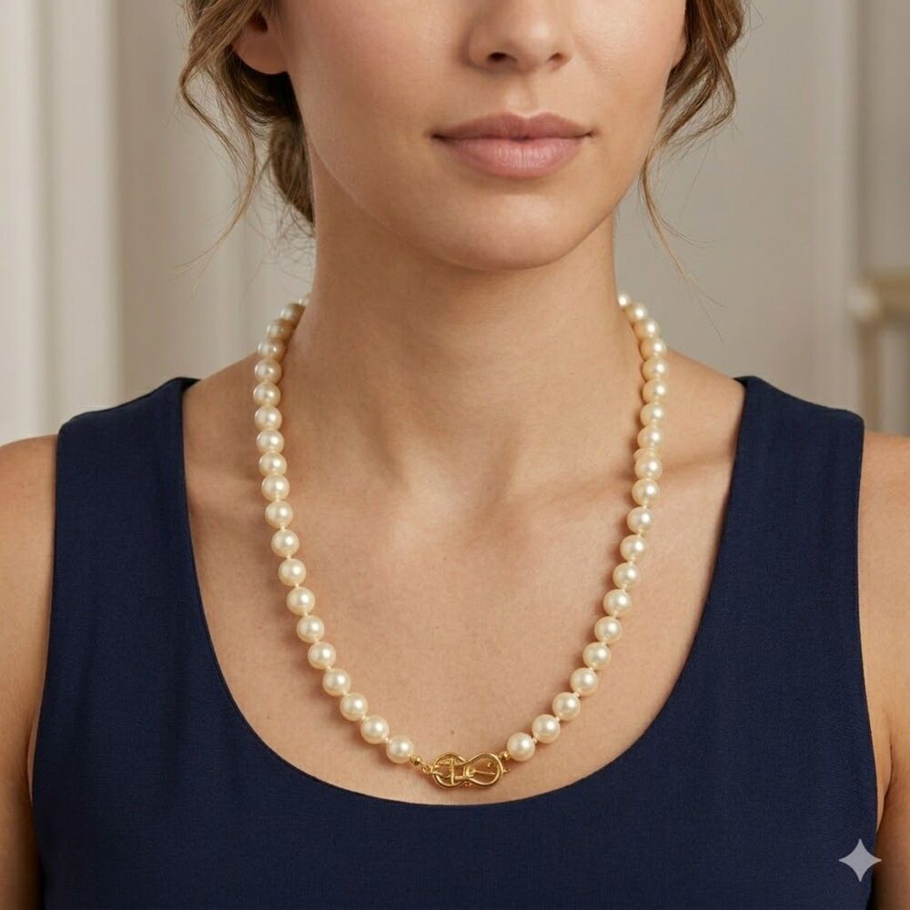 Kenneth Jay Lane White Faux Pearl Necklace 18" Single Strand KJL Clasp Glam